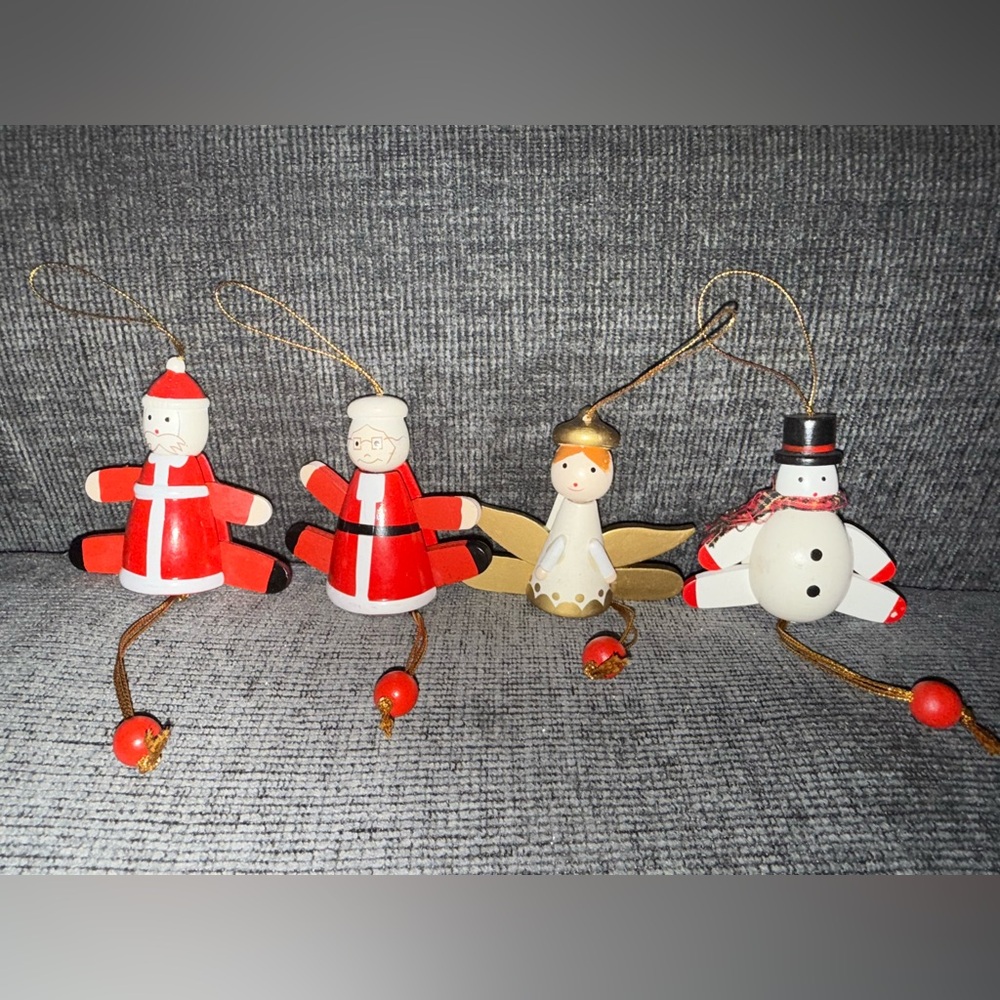 Vintage 4pc Debenhams 3D Moving Wooden Christmas Tree Decorations Baubles